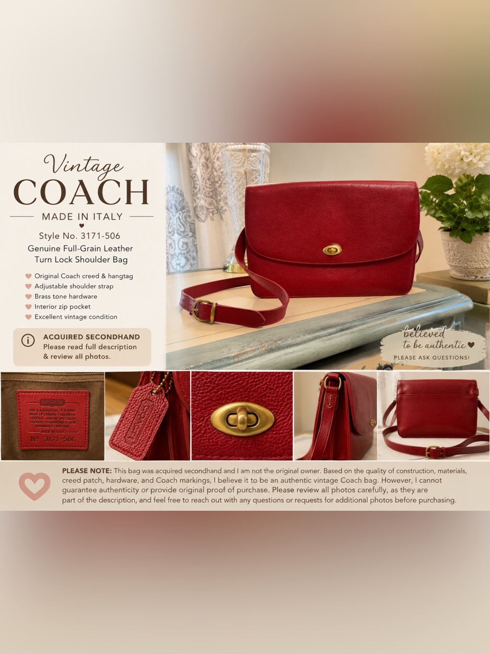 Vintage Coach Made in Italy Red Pebbled Leather Turn Lock Shoulder Bag - Picture 2 of 16
